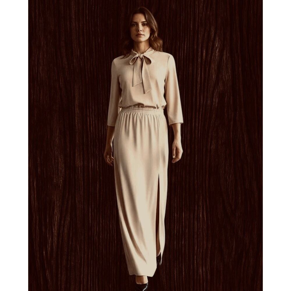 Patrizia Pepe NEW Maxi Dress Sz 42 EU/6 US Camel Beige 3/4 Sleeves Bow Tie Neck